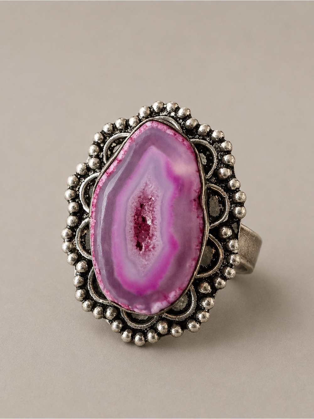 925 Sterling Silver Pink Agate Geode Druzy Statement Ring Size 9.25
